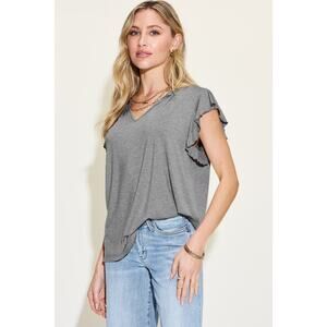 Basic Bae Heather Gray Bamboo Ruffle Notched V-Neck Short Sleeve Top Misses